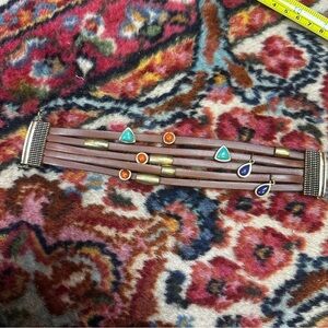 Barse Thai Bronze Brown Leather Multi Gemstone 5-Row Magnetic 8" Bracelet